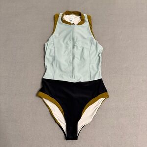 prAna Baja Bound Swimsuit Women XS Blue Colorblock Sporty Zip Front One Piece